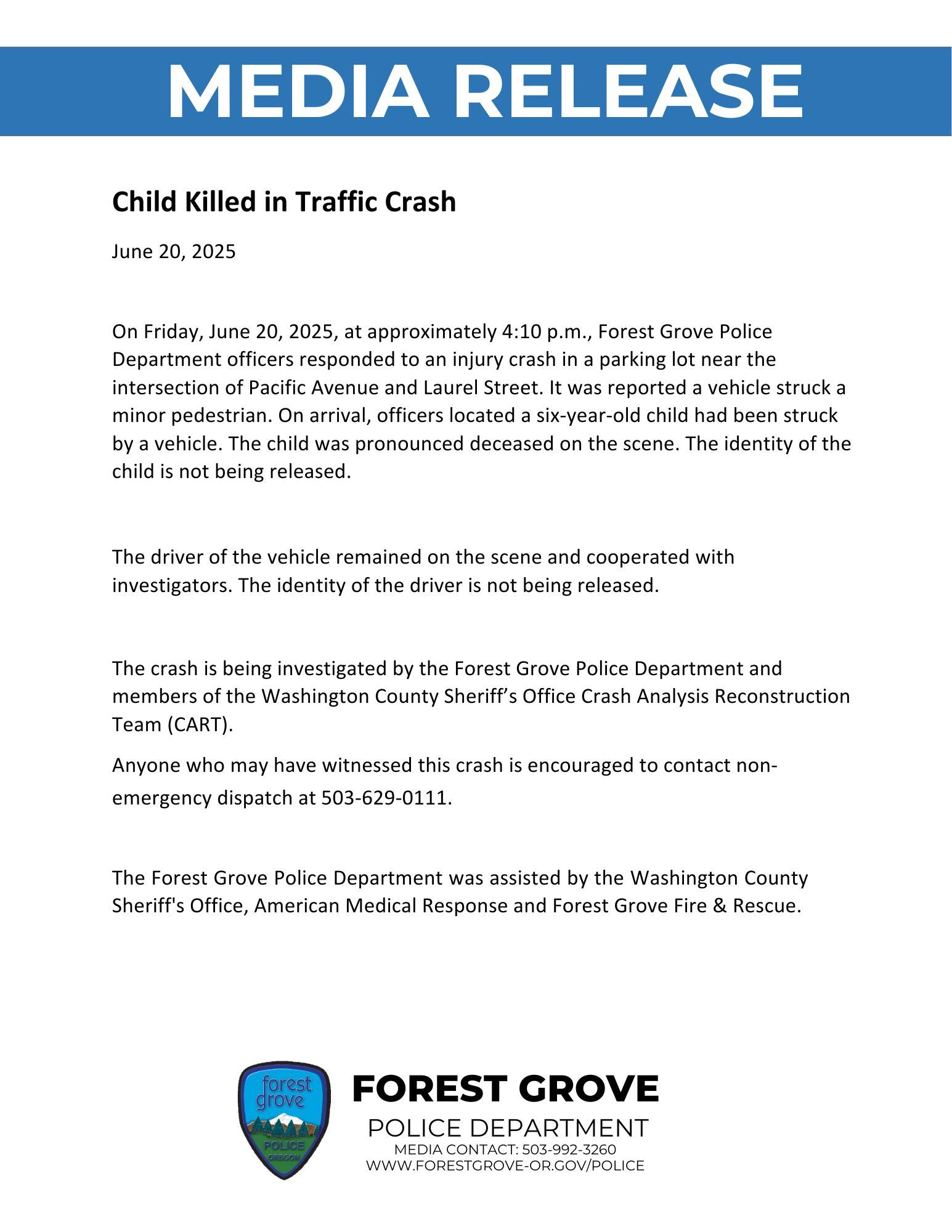 06.20.25 Child Killed in Traffic Crash