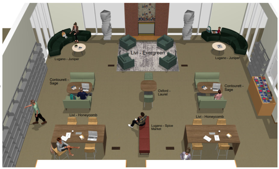 Image shows a rendering of new furniture for the area of the library next to the fire place.